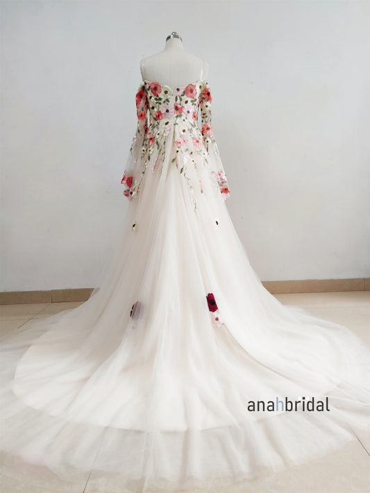 Off Shoulder Floral Lace Tulle Wedding Dress