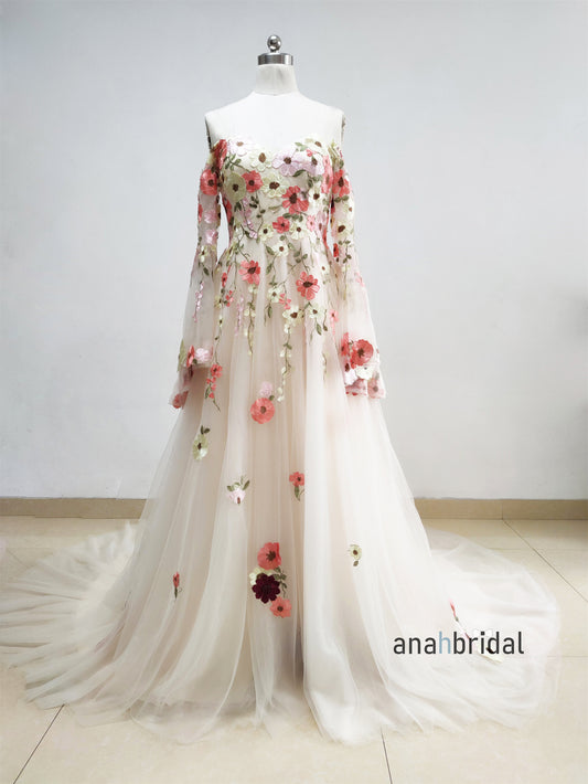 Off Shoulder Floral Lace Tulle Wedding Dress
