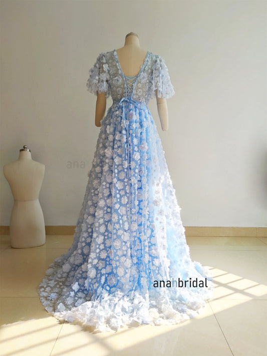 Light Blue 3D Floral Lace Pearls Prom Dress/Anniversary Party Dress