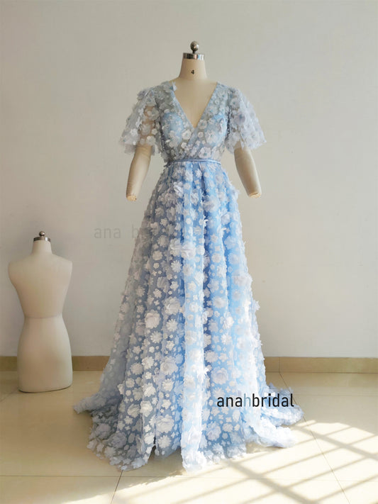 Light Blue 3D Floral Lace Pearls Prom Dress/Anniversary Party Dress
