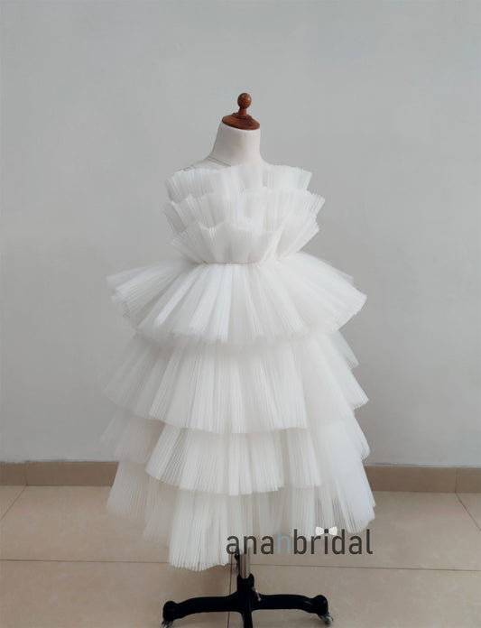 White Pleated Tulle Flower Girl Dress