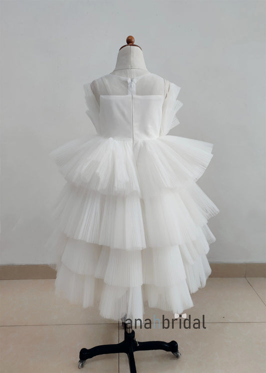 White Pleated Tulle Flower Girl Dress