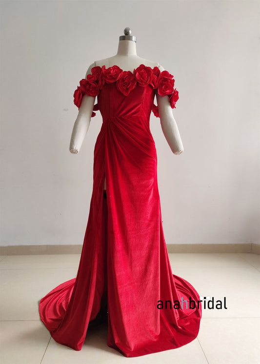 Off Shoulder Red Velvet Prom Dress /Party Dress