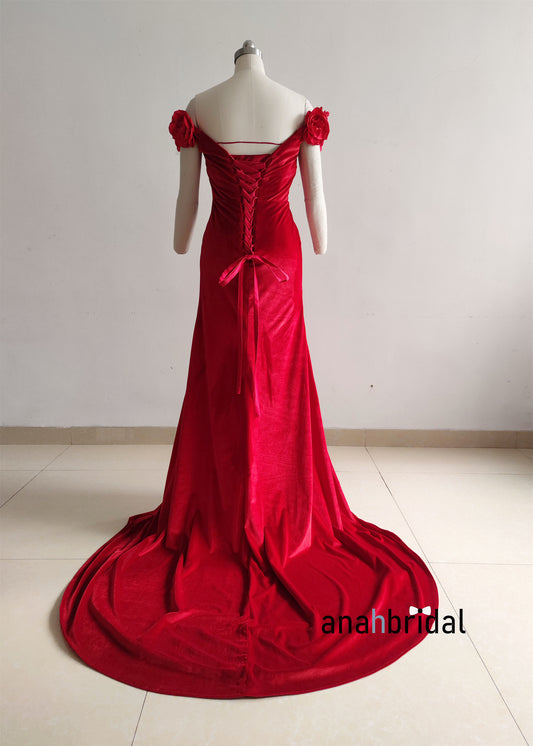 Off Shoulder Red Velvet Prom Dress /Party Dress