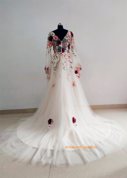 V Neck Floral Dreamy Wedding Dress