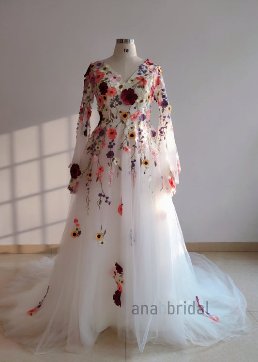 V Neck Floral Stunning White Wedding Dress