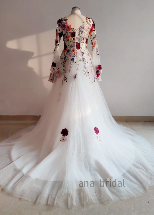 V Neck Floral Stunning White Wedding Dress