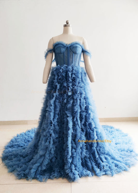 Dark Blue Ruffled Photo Shot Dress/Party Dress