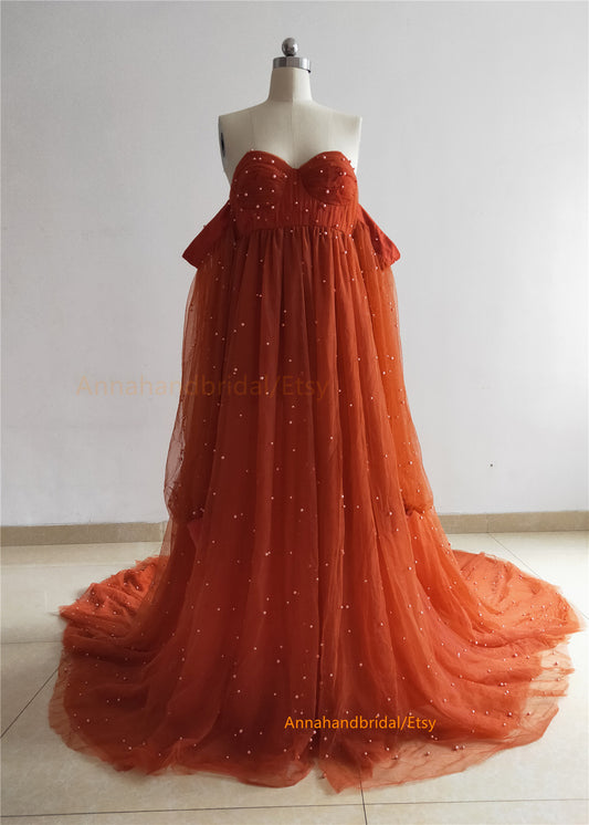 Rust Red Pearls Tulle Photo Shot Dress