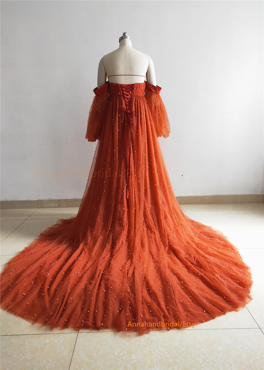 Rust Red Pearls Tulle Photo Shot Dress
