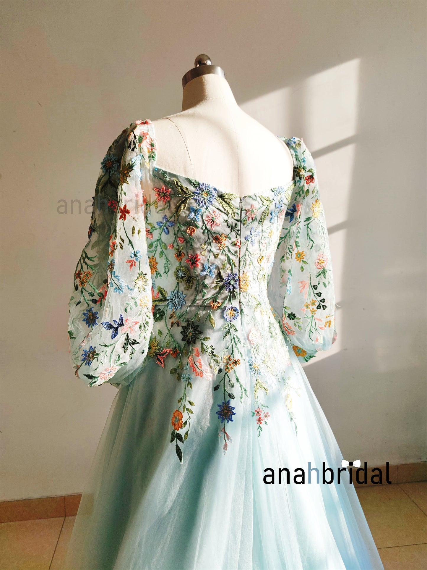 Off Shoulder Blue Floral Lace Tulle Stunning Wedding Dress