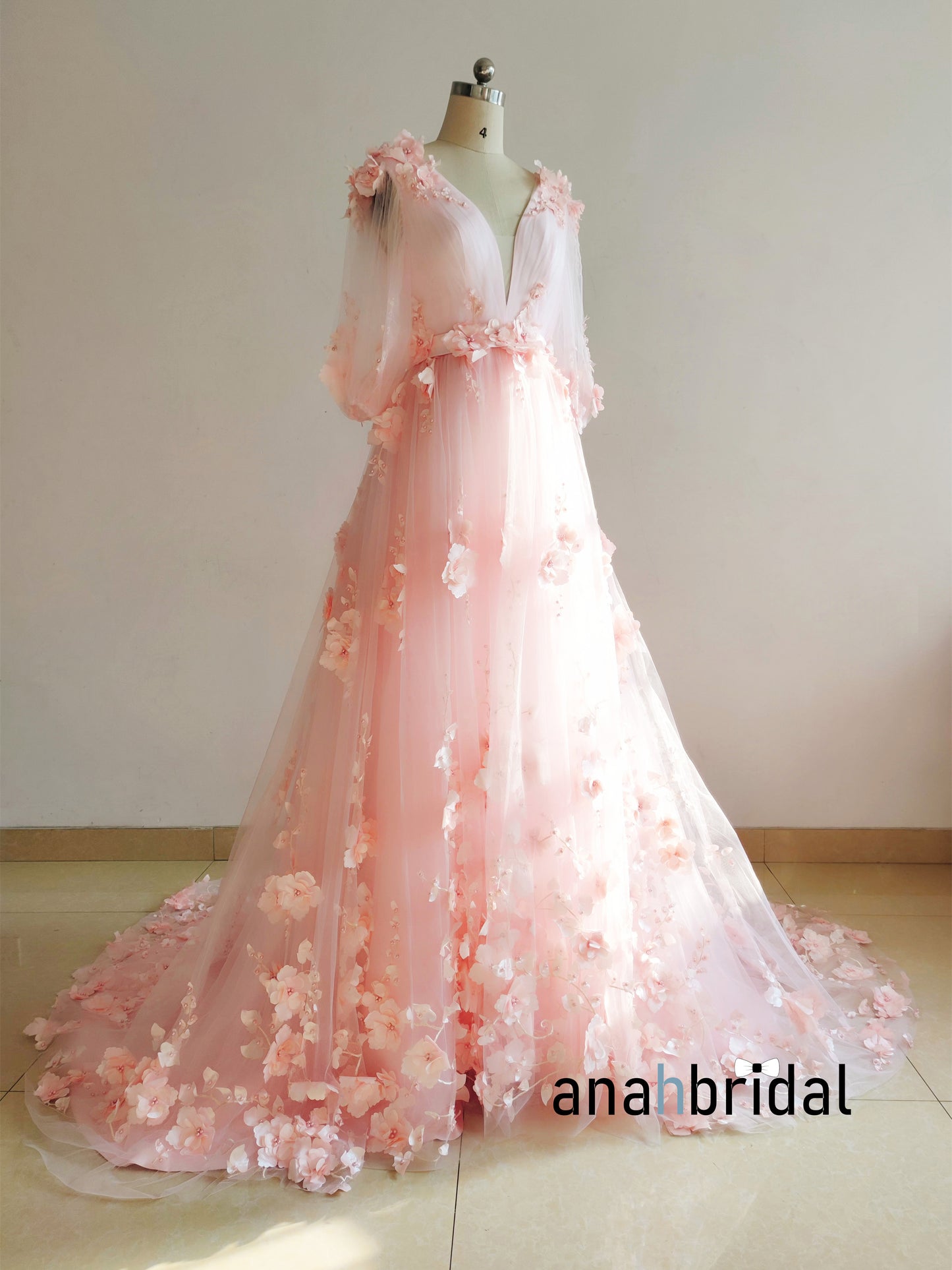 Pink Floral Lace Tulle Romantic Wedding Dress