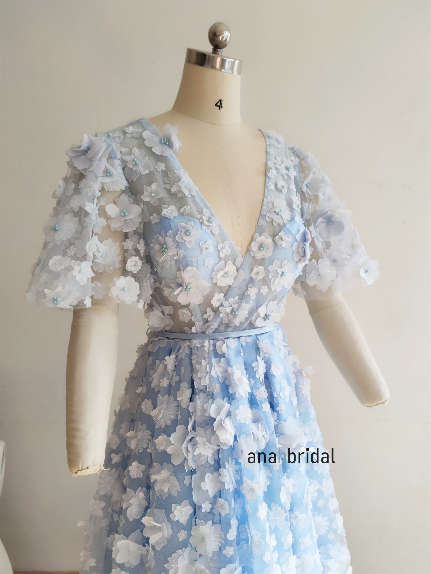 Light Blue 3D Floral Lace Pearls Prom Dress/Anniversary Party Dress
