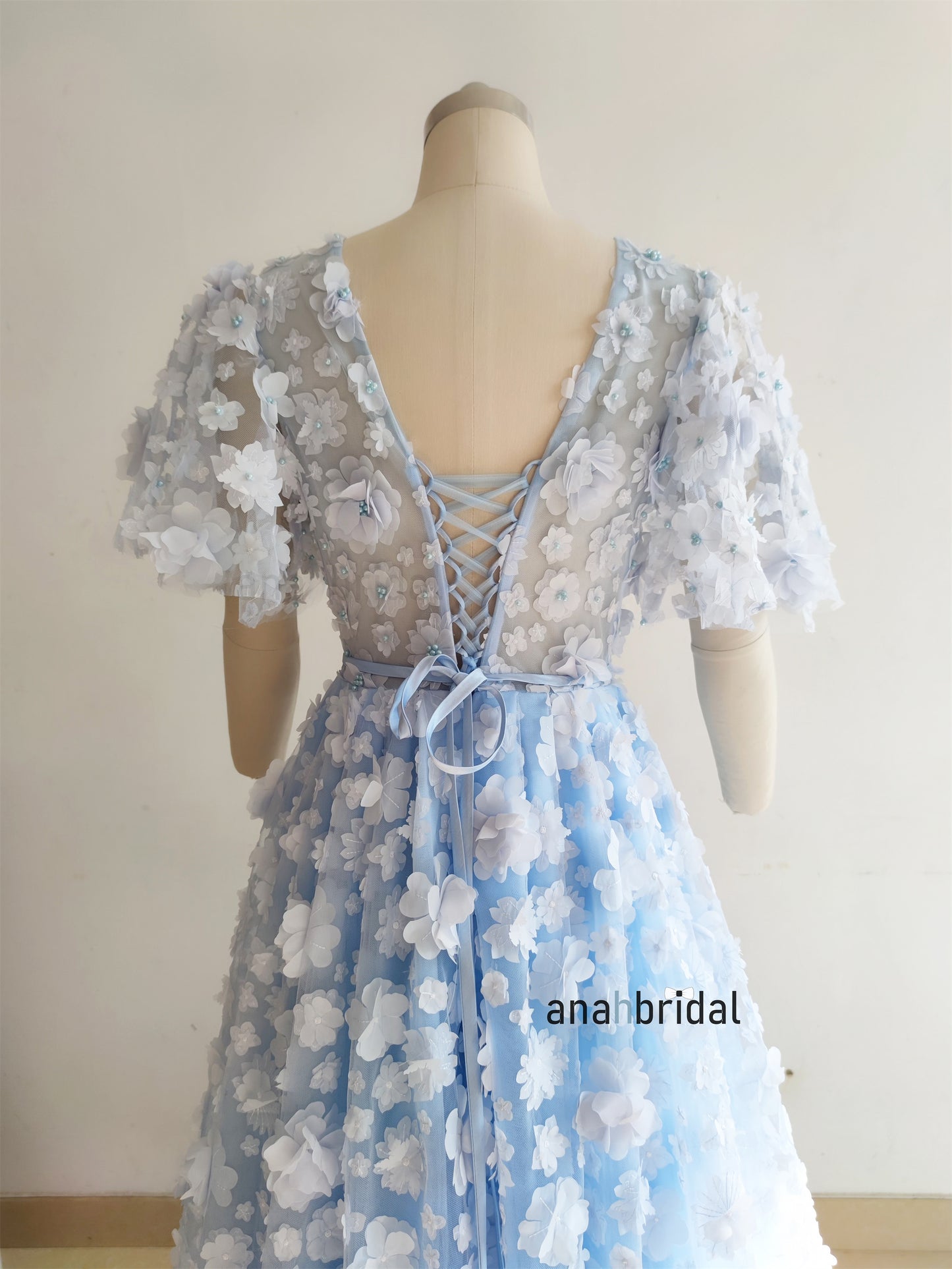 Light Blue 3D Floral Lace Pearls Prom Dress/Anniversary Party Dress