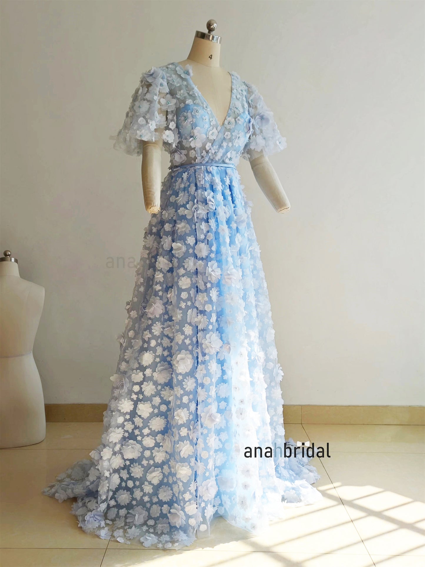 Light Blue 3D Floral Lace Pearls Prom Dress/Anniversary Party Dress