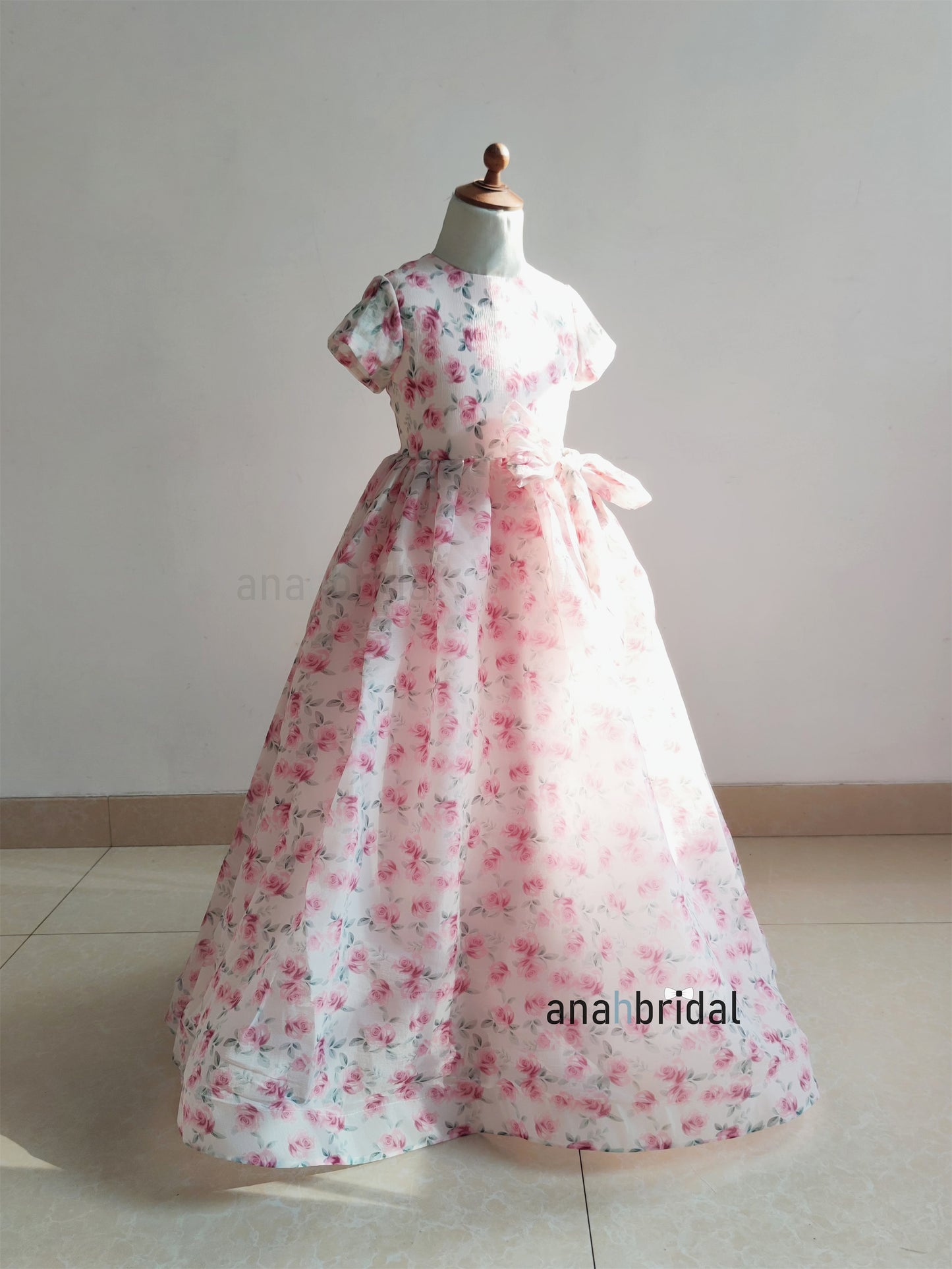 Pink Printed Chiffon Flower Girl Dress