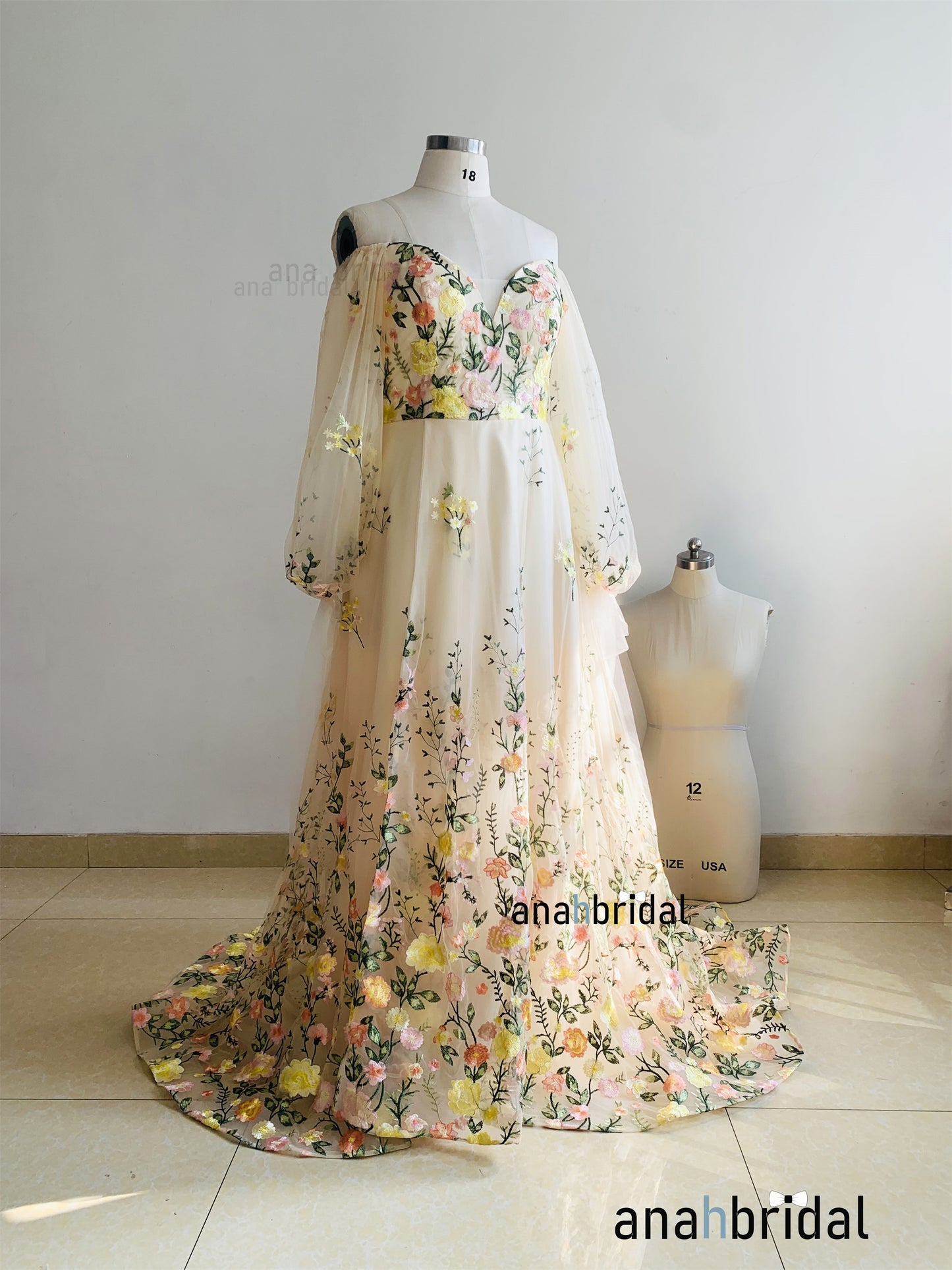 Yellow Floral Lace Charming Wedding Dress