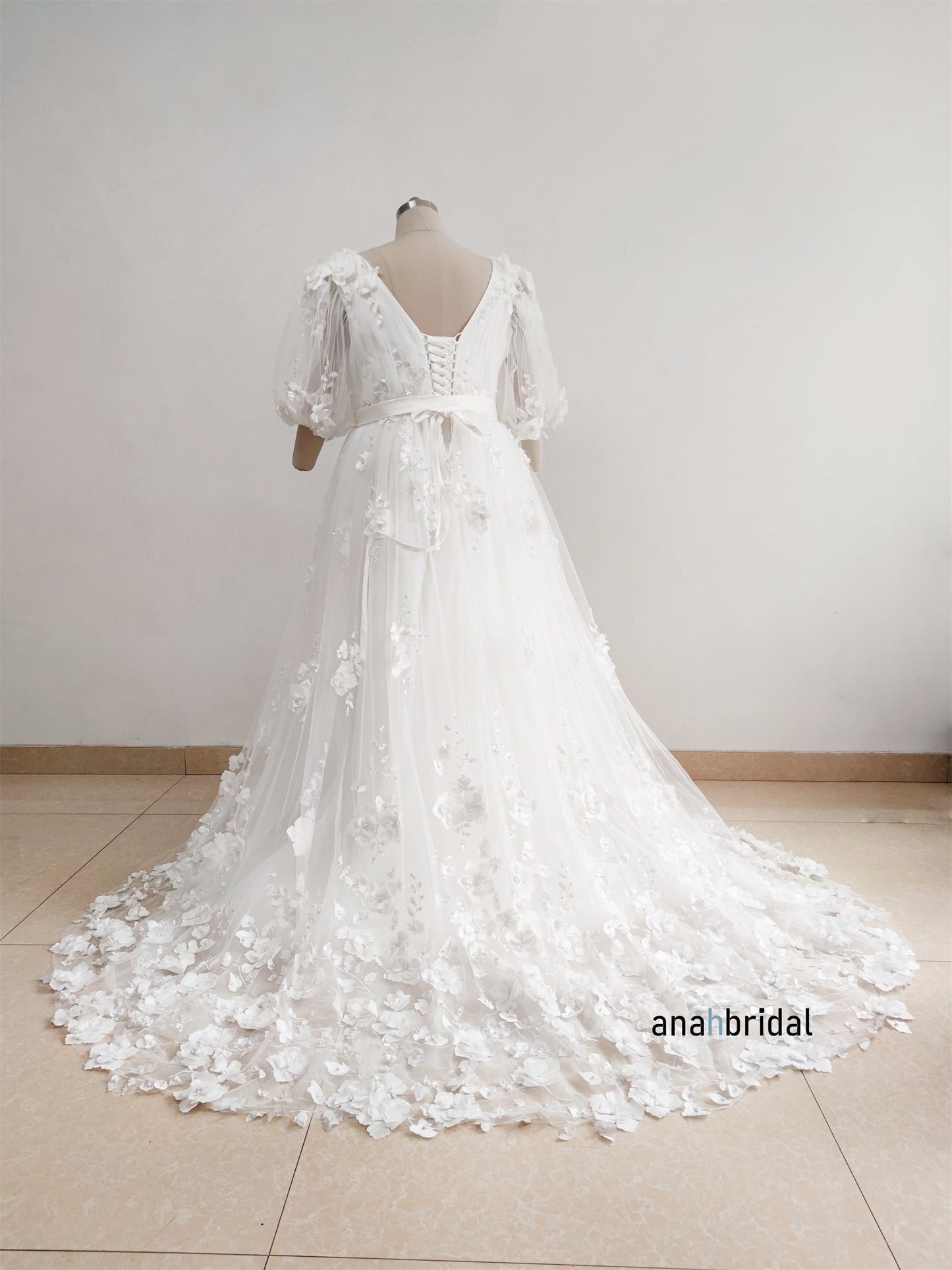 White 3D Floral Lace Plus Size Wedding Dress