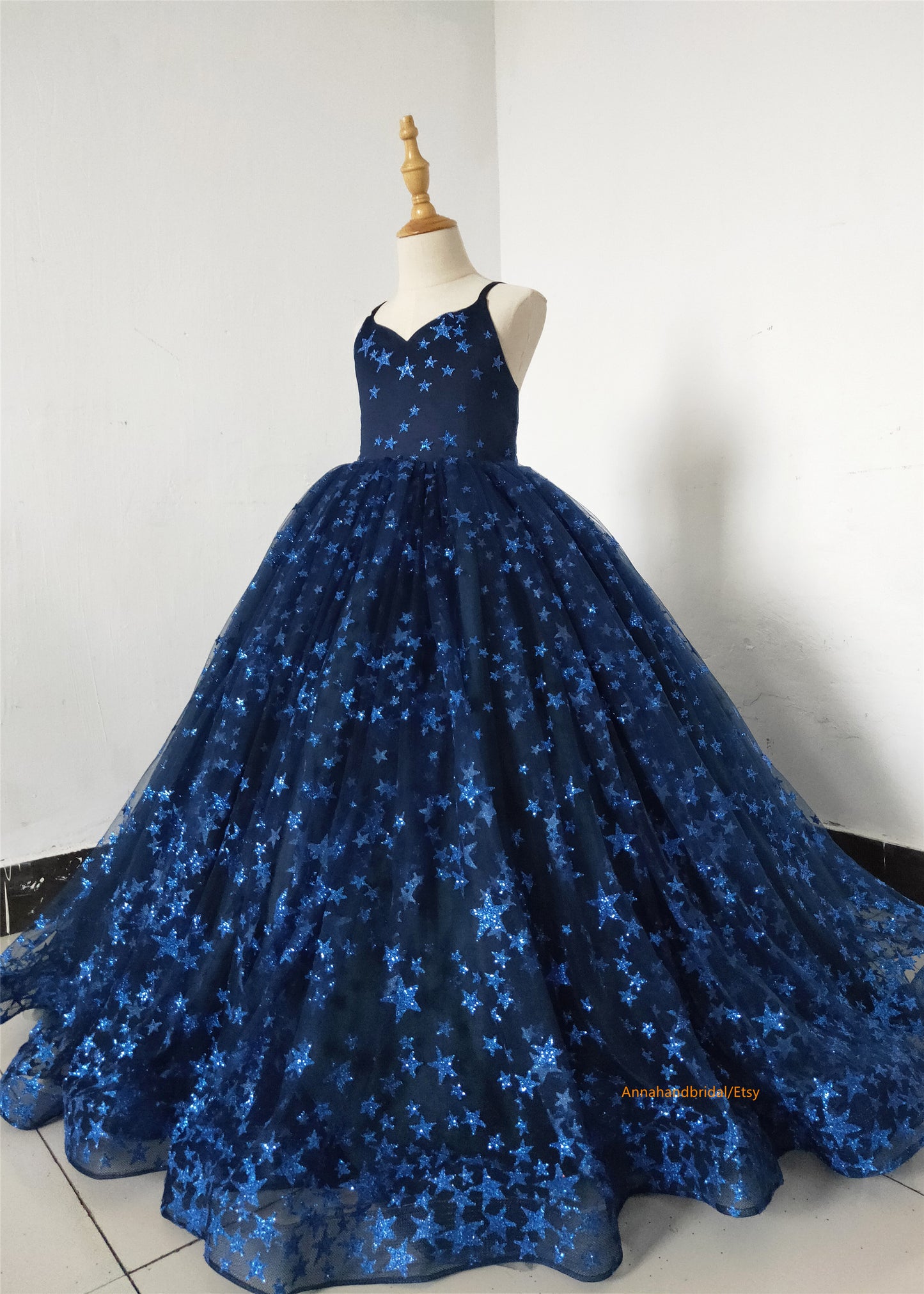 Navy Blue Sparkle Tulle Girls Pageant Dress