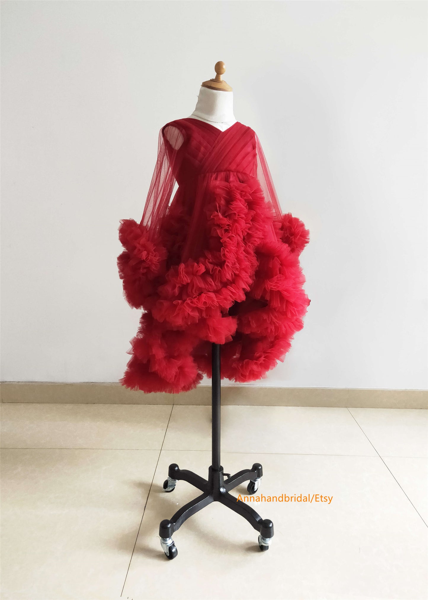 Burgundy Tulle Ruffle Mom And Kids Photoshoot Dress
