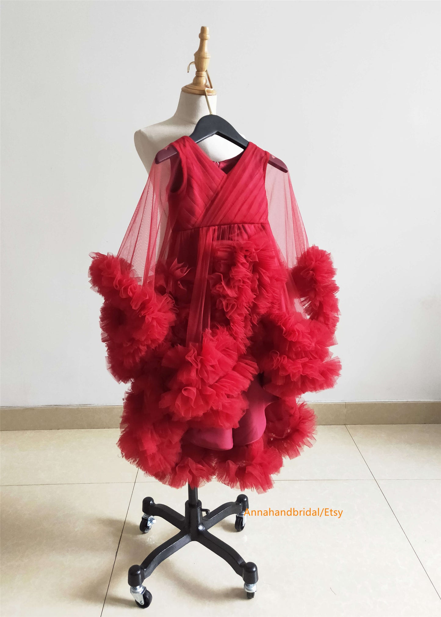 Burgundy Tulle Ruffle Mom And Kids Photoshoot Dress