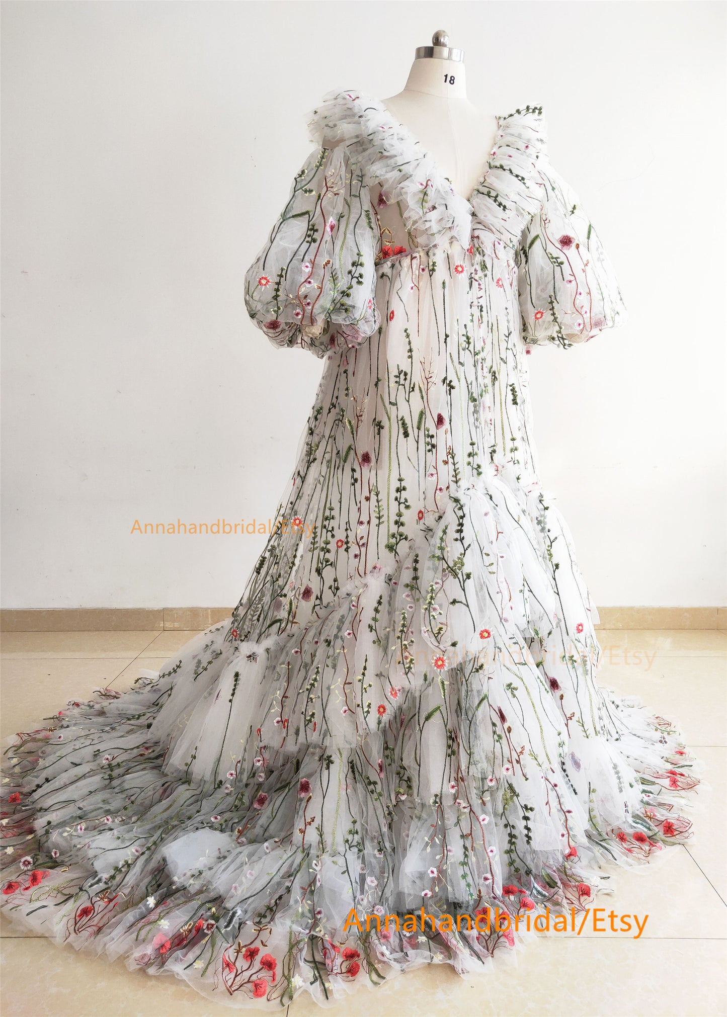 V Neck Embroidery Lace Floral Photo Shot Dress